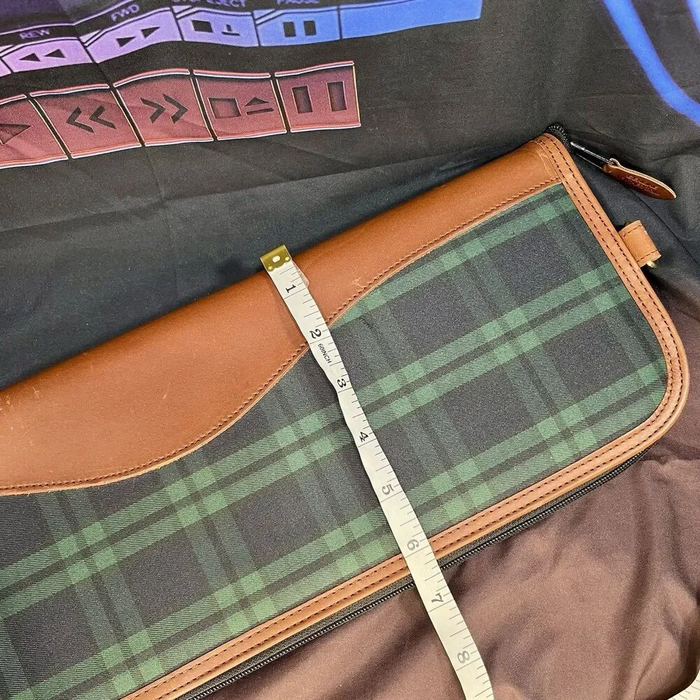 Roundtree & Yorke Travel Tie Holder Zip Leather Trim Blue Green Plaid